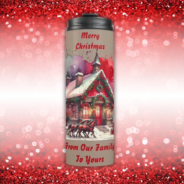 Monogram Festive Vintage Christmas on brown | Thermal Tumbler (Creator Uploaded)