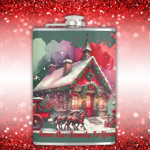 Monogram Festive Vintage Christmas on green Hip Flask