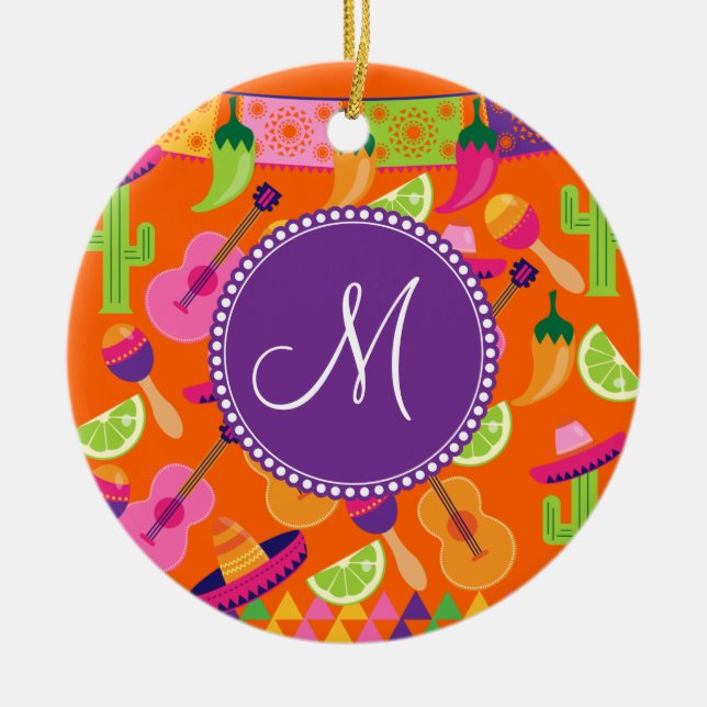 Monogram Fiesta Party Sombrero Cactus Limes Pepper Ceramic Tree Decoration (Front)