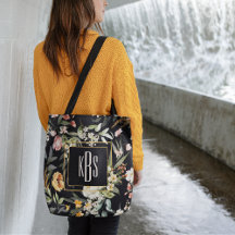 Monogram, Fine Art Florals Black Shoulder Tote 