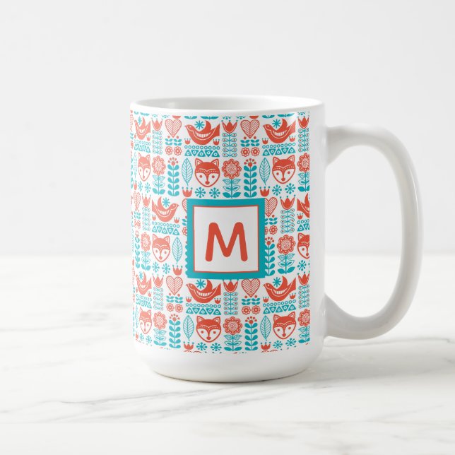Monogram | Finnish Fox & Bird Folk Art Pattern Coffee Mug (Right)