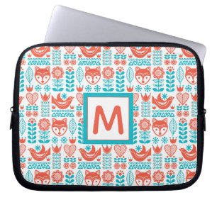 Monogram Finnish Fox & Bird Folk Art Pattern Laptop Sleeve