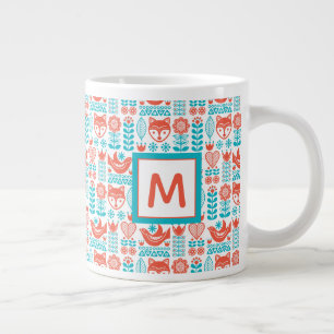 Monogram Finnish Fox & Bird Folk Art Pattern Large Coffee Mug