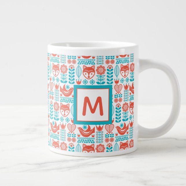 Monogram | Finnish Fox & Bird Folk Art Pattern Large Coffee Mug (Right)