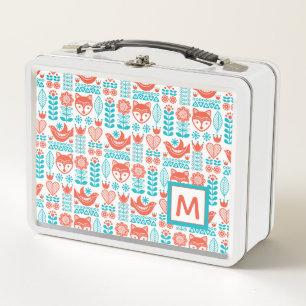 Monogram   Finnish Fox & Bird Folk Art Pattern Metal Lunch Box
