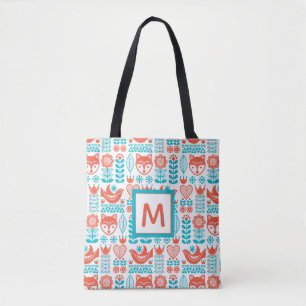 Monogram Finnish Fox & Bird Folk Art Pattern Tote Bag