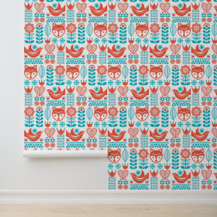 Monogram   Finnish Fox & Bird Folk Art Pattern Wallpaper