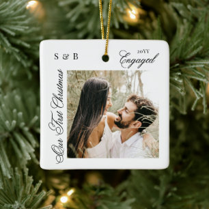 Monogram First Christmas Engaged Script 2 Photo Ceramic Ornament