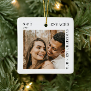 Monogram First Christmas Engaged Script 2 Photo Ceramic Ornament