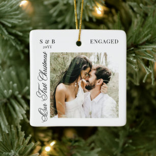 Monogram First Christmas Engaged Script Photo Ceramic Ornament