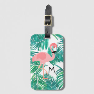 monogram flamingo art on tropical leaves luggage tag