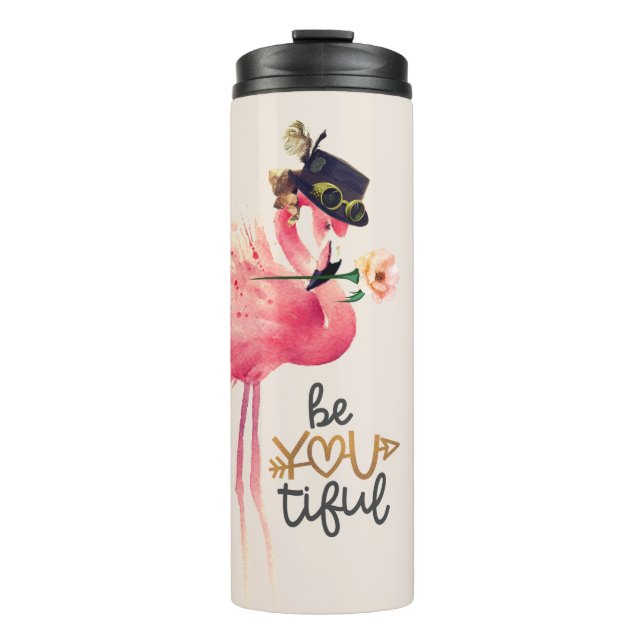 Monogram Flamingo "Be You tiful" Steampunk Hat Thermal Tumbler (Front)