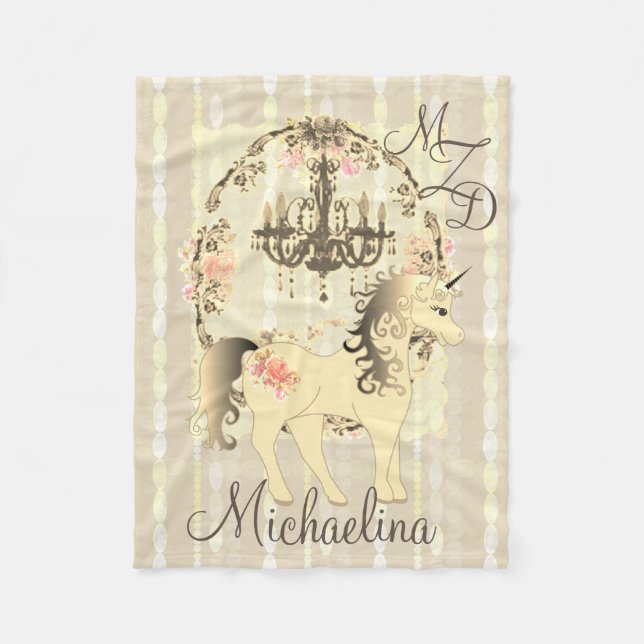Monogram Fleece Unicorn Blanket Chandelier Pearls (Front)