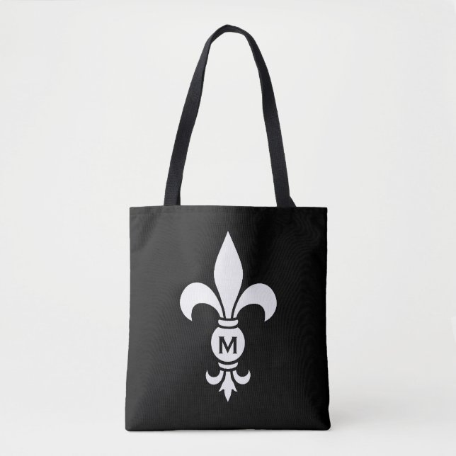 Monogram Fleur De Lis Modern Simple Black & White Tote Bag (Front)