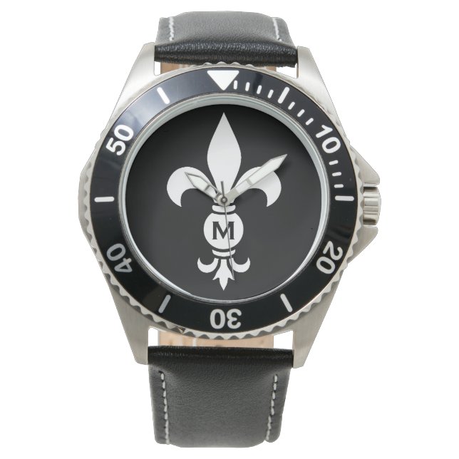 Monogram Fleur De Lis Modern Simple Black & White Watch (Front)