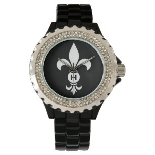 Monogram Fleur De Lis Modern Simple Black & White Watch