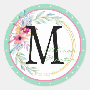 Monogram Floral and Stripes Classic Round Sticker