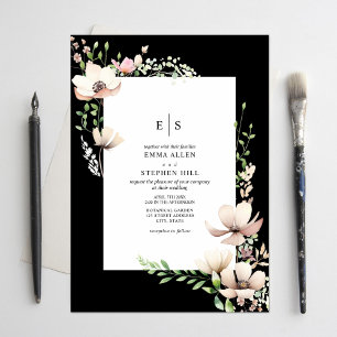 Monogram Floral Blush Black Botanical Wedding Invitation