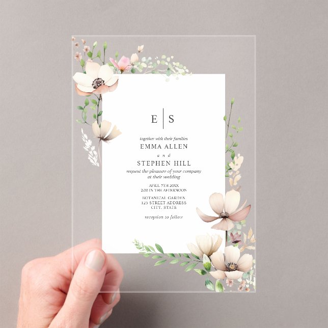 Monogram Floral Blush Off White Botanical Wedding  Acrylic Invitations (Insitu (Handheld))