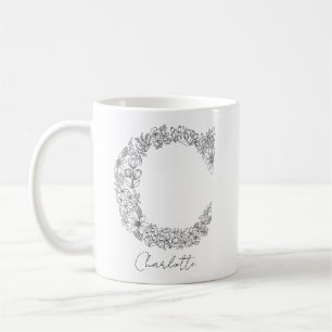 Monogram Floral Botanical Black White Letter C Coffee Mug