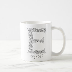 Monogram Floral Botanical Black White Letter E Coffee Mug