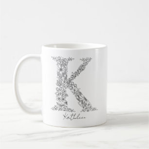 Monogram Floral Botanical Black White Letter K Coffee Mug