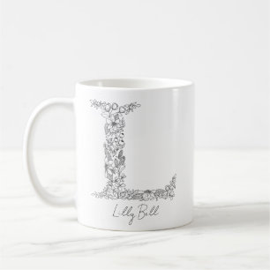 Monogram Floral Botanical Black White Letter L Coffee Mug