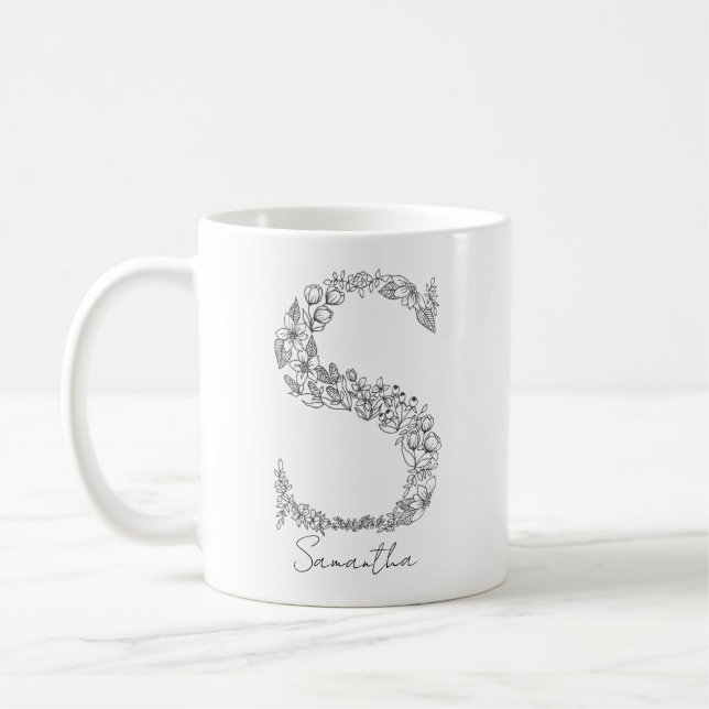 Monogram Floral Botanical Black White Letter S Coffee Mug (Left)