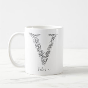 Monogram Floral Botanical Black White Letter V Coffee Mug