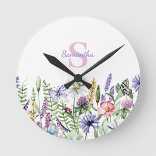 Monogram Floral Botanical Name Round Clock