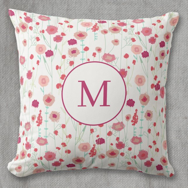 Monogram Floral Botanical Pattern Pink Cushion (Modern floral monogram personalized initial art throw pillow)