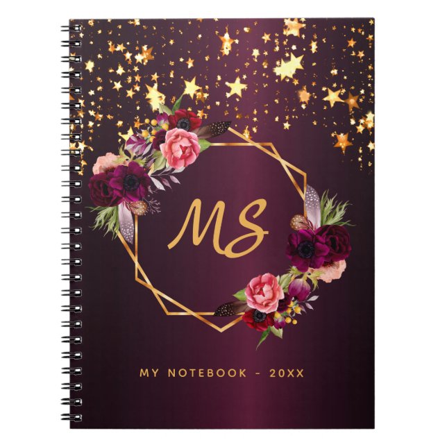 Monogram floral burgundy gold stars geometric chic notebook (Front)