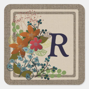 Monogram Floral, Burlap Square Stickers, Glossy Sticker