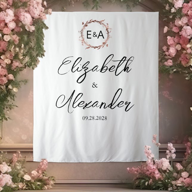 Monogram Floral Calligraphy Wedding Backdrop Tapestry (Creator Uploaded)