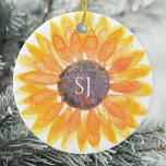 Monogram Floral Ceramic Ornament<br><div class="desc">This unique keepsake ornament is decorated with a yellow watercolor sunflower and stylish typography.
Easily customisable.
Original Watercolor © Michele Davies.</div>