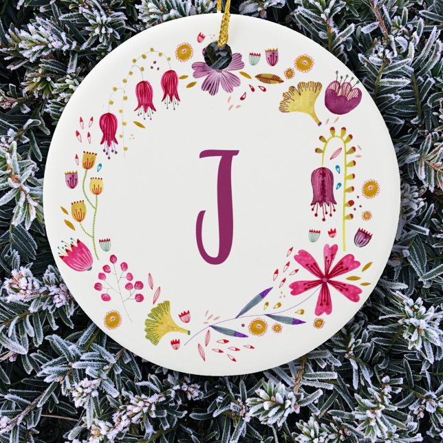 Monogram Floral Ceramic Ornament (Modern monogram initial watercolor wildflower wreath)