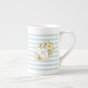 Monogram Floral Chic Pastel Blue Stripes Bone China Mug