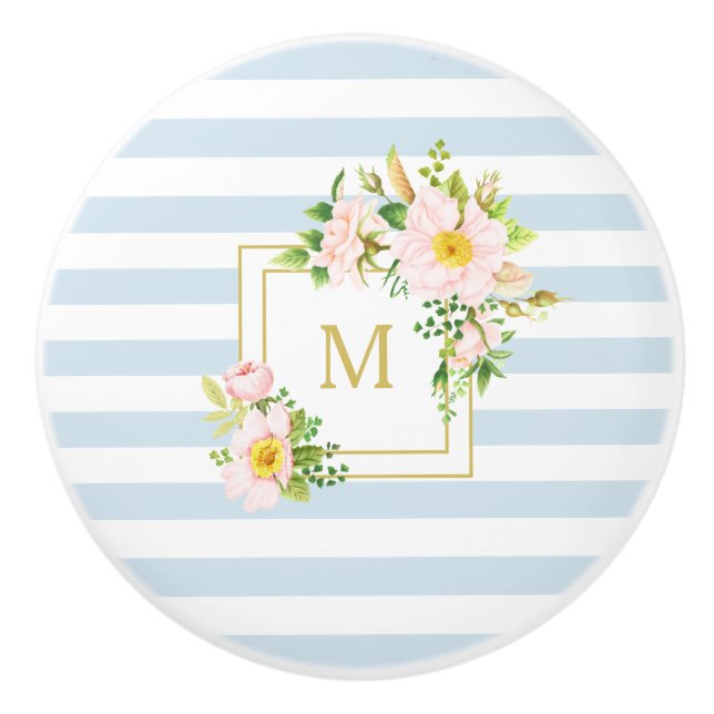 Monogram Floral Chic Pastel Blue Stripes Ceramic Knob (Front)