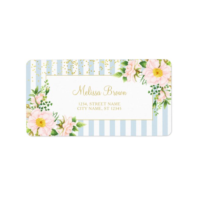 Monogram Floral Chic Pastel Blue Stripes Label (Front)