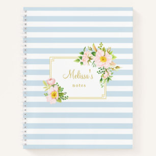 Monogram Floral Chic Pastel Blue Stripes Notebook