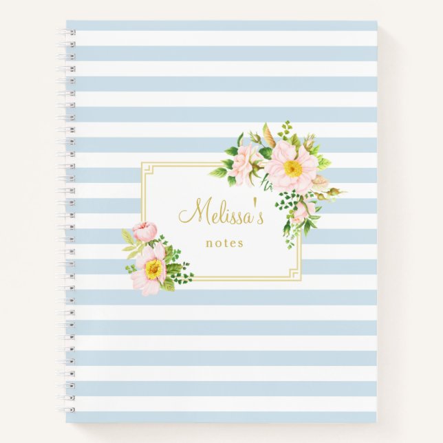 Monogram Floral Chic Pastel Blue Stripes Notebook (Front)