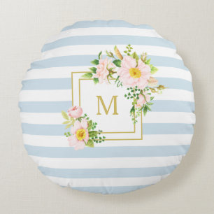 Monogram Floral Chic Pastel Blue Stripes Round Round Cushion