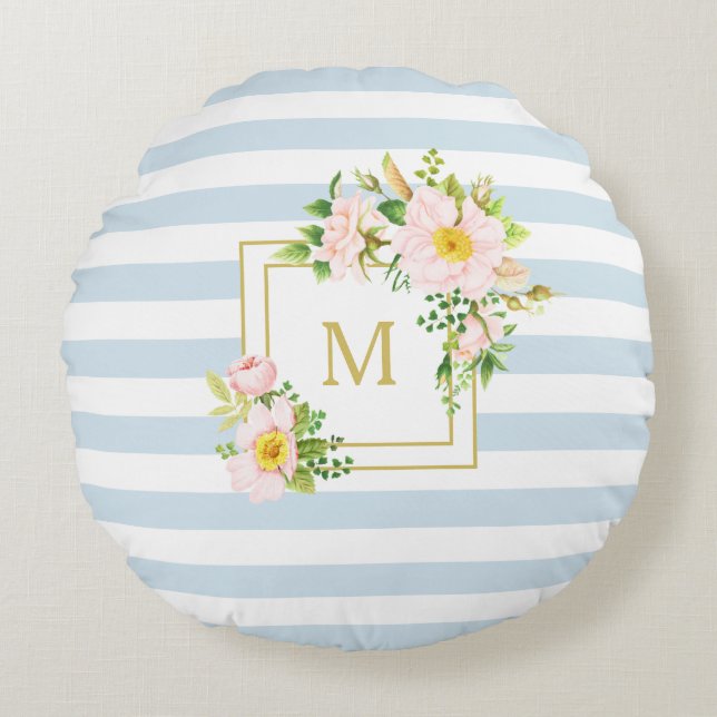 Monogram Floral Chic Pastel Blue Stripes Round Round Cushion (Front)