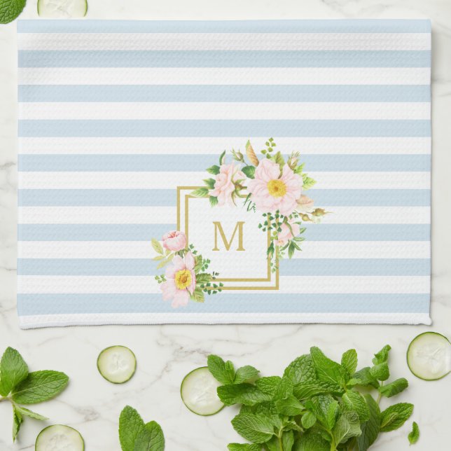 Monogram Floral Chic Pastel Blue Stripes Tea Towel (Folded)