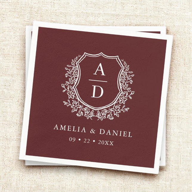 Monogram Floral Crest Burgundy Wedding  Napkin (Creator Uploaded)