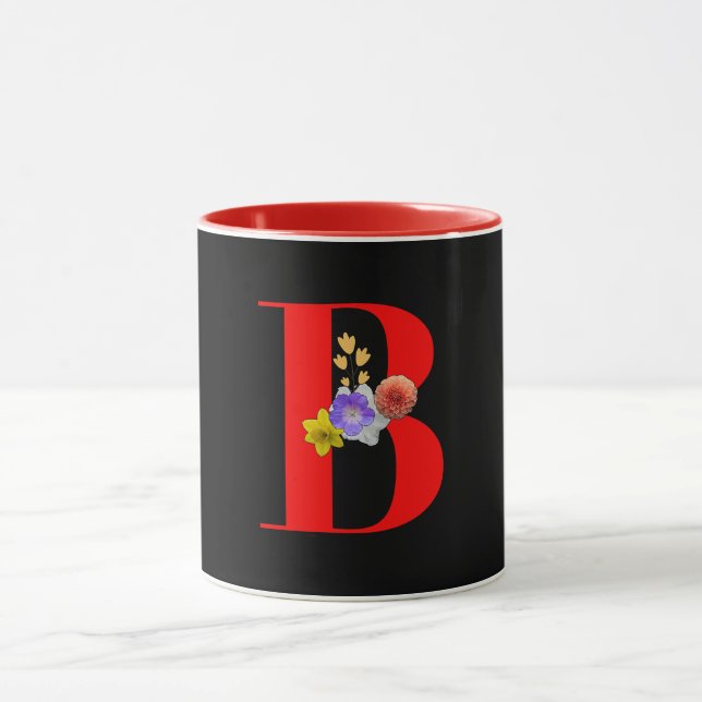 Monogram Floral Cursive A Red Inside Black  Mug (Center)