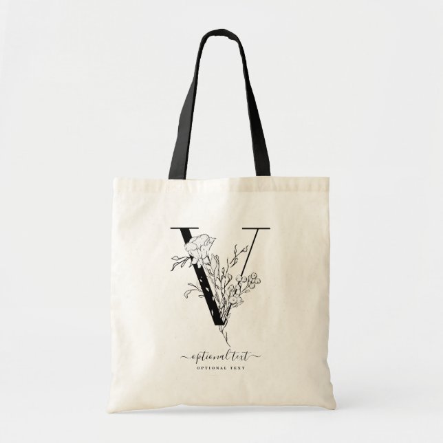 Monogram Floral Custom Tote Bag - Single Letter V (Front)