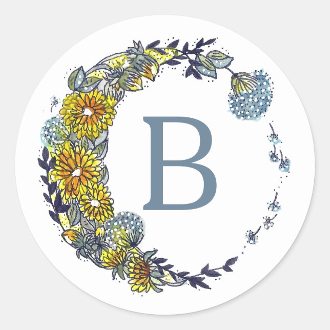 Monogram Floral Dandelion Circle Moon Design Classic Round Sticker (Front)