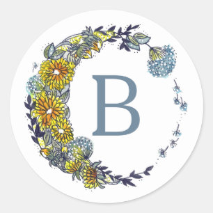 Monogram Floral Dandelion Circle Moon Design Classic Round Sticker