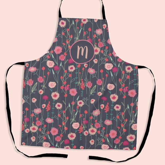 Monogram Floral Dark Apron (Boho floral pink and charcoal gray personalized monogram apron)
